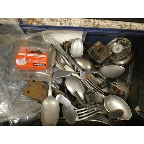 2024 - 100+ items of door furniture, nails, silver plate spoons etc.