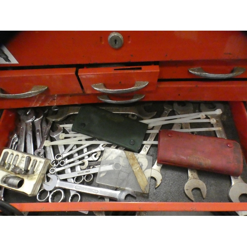 2067 - Red metal toolbox with hand tools, mainly spanners including Snap-On