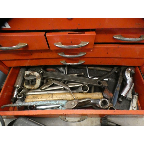 2067 - Red metal toolbox with hand tools, mainly spanners including Snap-On