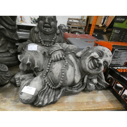 2121 - 4 Stone Buddha garden ornaments, 1 standing 30-40cm and 3 sitting 20-30cm