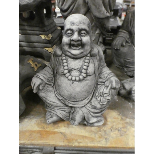 2121 - 4 Stone Buddha garden ornaments, 1 standing 30-40cm and 3 sitting 20-30cm