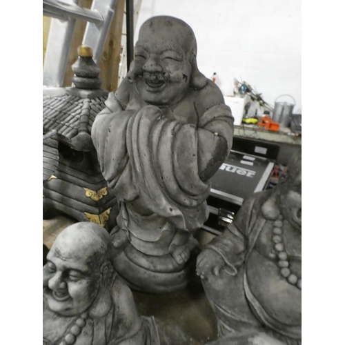 2121 - 4 Stone Buddha garden ornaments, 1 standing 30-40cm and 3 sitting 20-30cm