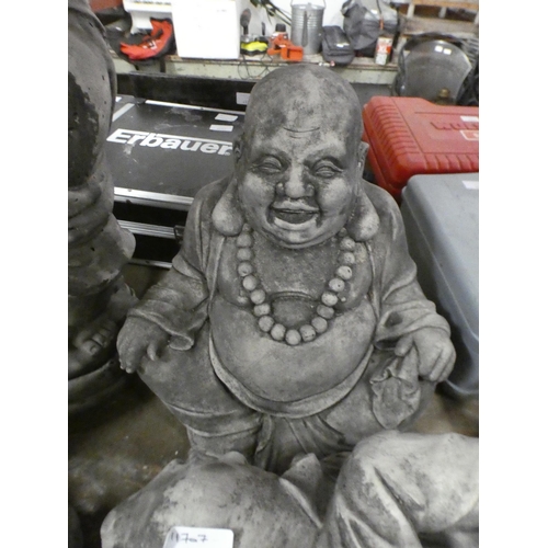 2121 - 4 Stone Buddha garden ornaments, 1 standing 30-40cm and 3 sitting 20-30cm