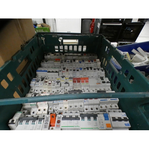 2182 - 7 Boxes of lighting and fire alarm items - all used, circuit breakers, switches, etc.