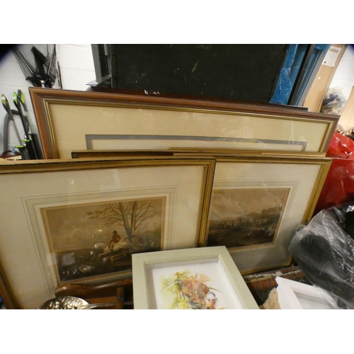 2209 - Wall art job lot: Signed Billingham watercolour, 3 hunting prints, 2 wildlife prints, collection of ... 