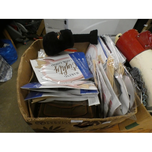 2453 - 3 Boxes of assorted items inc. golf clubs, cast iron pan, vintage bin, tennis racquet, pull out 3 mi... 