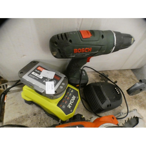 2514 - Bosch drill with charger & drill with Ryobi battery & charger