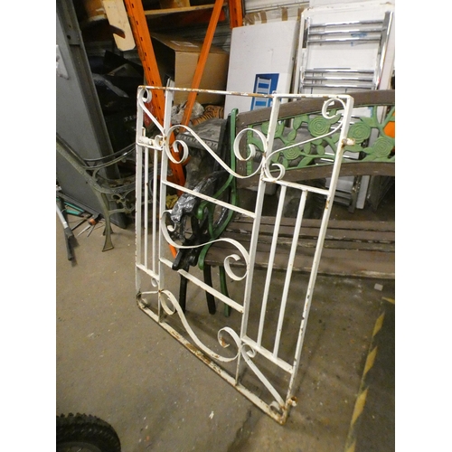 2528 - Garden bench, pair of wrought iron bench ends and approx. 1m wide wrought iron garden gate