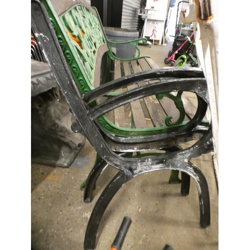 2528 - Garden bench, pair of wrought iron bench ends and approx. 1m wide wrought iron garden gate