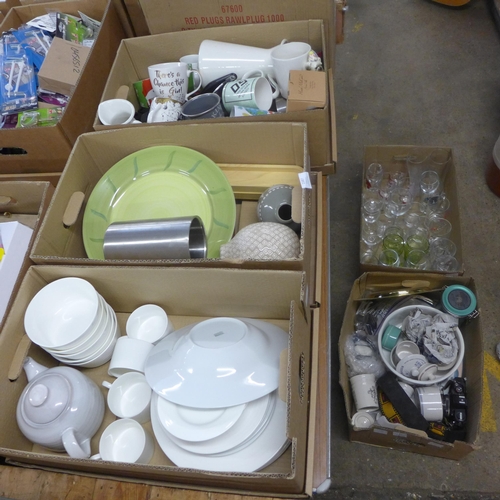 2993 - 8 boxes of misc. crockery and coat hooks inc. glassware, cups, jugs, etc.