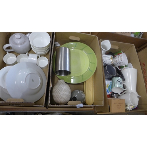 2993 - 8 boxes of misc. crockery and coat hooks inc. glassware, cups, jugs, etc.