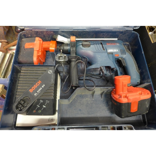 2999 - Cordless Bosch hammer SDS drill with 2 batteries, charger & case - W