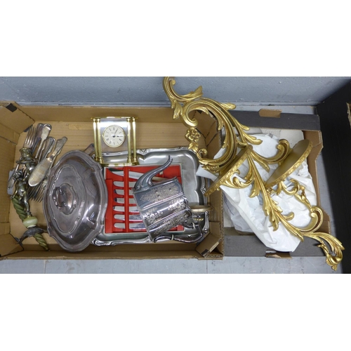 1054 - Two boxes of assorted items, a gilt metal display shelf, ceiling light, plated teapot and serving di... 