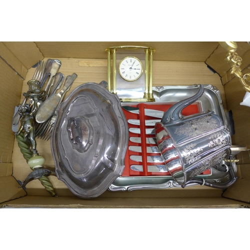 1054 - Two boxes of assorted items, a gilt metal display shelf, ceiling light, plated teapot and serving di... 