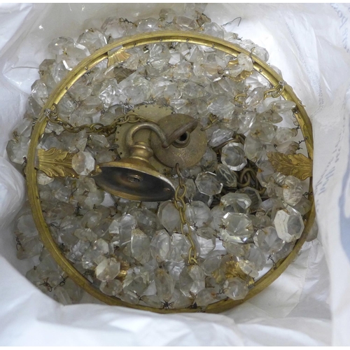 1054 - Two boxes of assorted items, a gilt metal display shelf, ceiling light, plated teapot and serving di... 