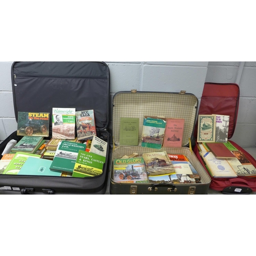 1056 - Two suitcases and a small travel case of railway and steam locomotive books and magazines, early to ... 