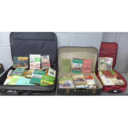 1056 - Two suitcases and a small travel case of railway and steam locomotive books and magazines, early to ... 