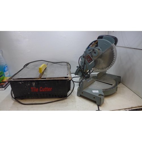 2005 - Delta 210mm compound mitre saw & 30cm circular tile saw - (tile saw failed electrical safety test du... 