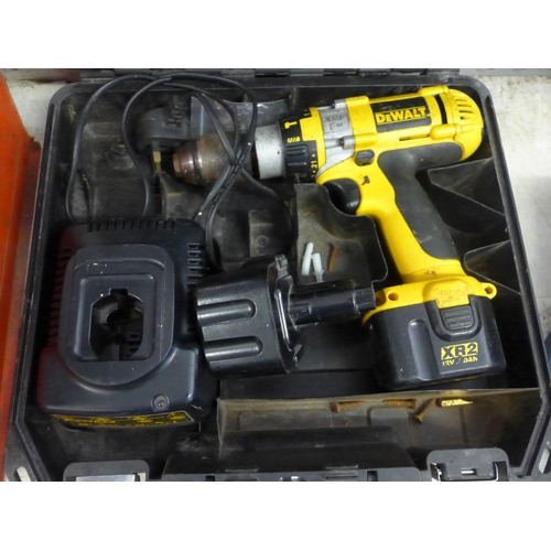 2019 - 2 DeWalt drills with chargers & working batteries, 1 needs new battery & drill case with bits