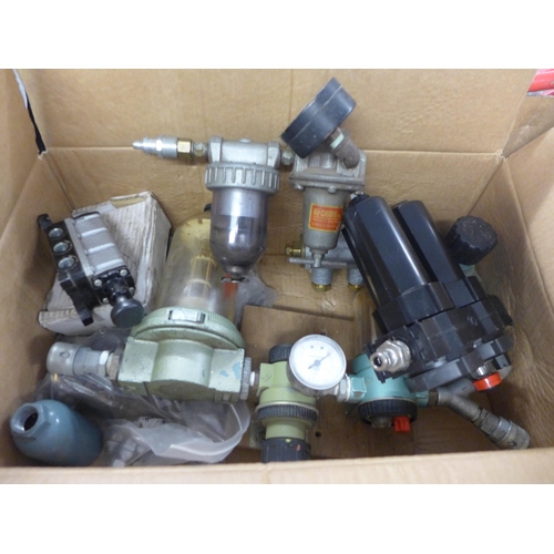 2033 - Box of 2 compressor air gauges, pressure hose & compressor parts, many industrial