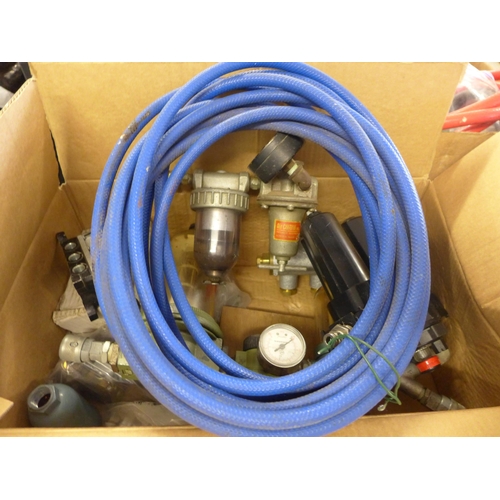 2033 - Box of 2 compressor air gauges, pressure hose & compressor parts, many industrial