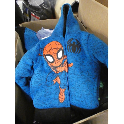 2091 - 25+ items of tagged unused children's clothing: Spiderman jacket, dresses, etc.