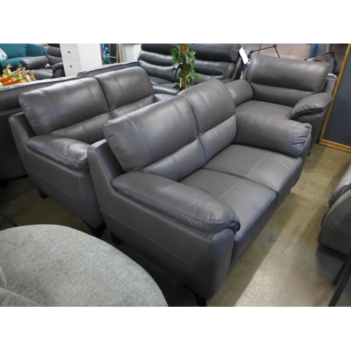 1449 - A pair of grey leather two seater sofas, RRP £2658 and a grey leather love seat, RRP £1249