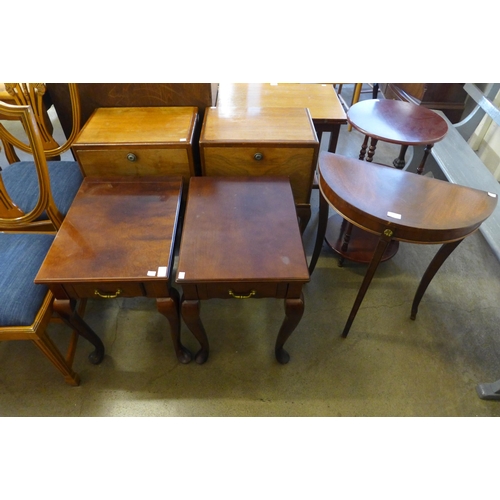 299 - A mahogany demi-lune table, a mahogany five tiered cake stand, a pair of mahogany occasional tables,... 