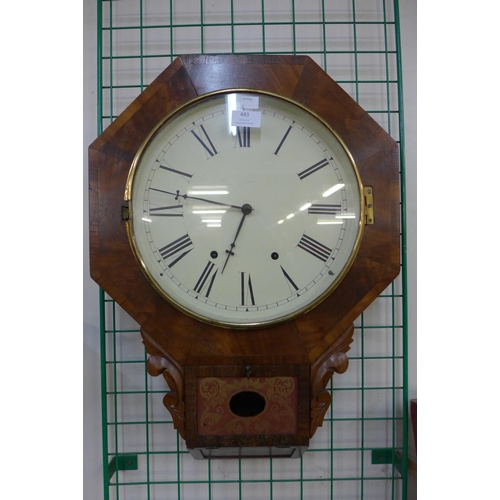 443 - A Victorian octagonal walnut drop dial wall clock