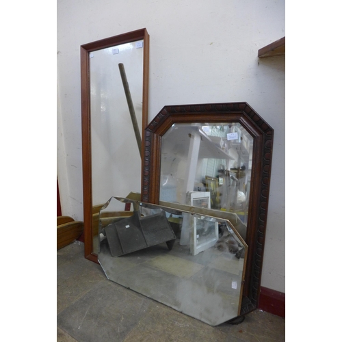 444 - A teak framed mirror, an oak framed mirror and one other