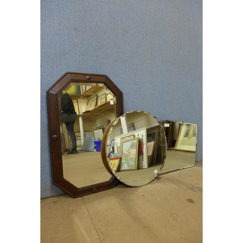 445 - Two bevelled edge mirrors and an oak framed mirror