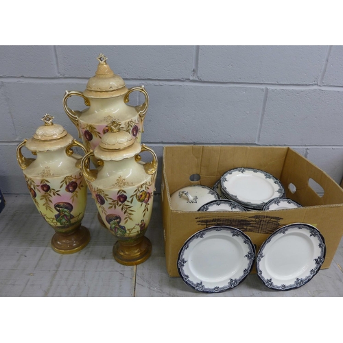 1151 - Three lidded vases decorated with Japanese Geisha, a/f, a stand and a part dinner set**PLEASE NOTE T... 