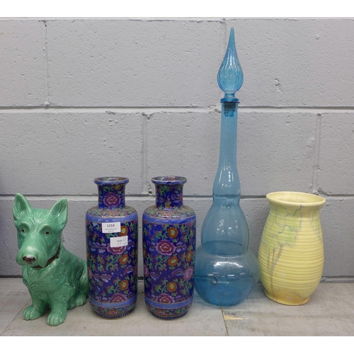 1153 - A Sylvac dog, a/f, two oriental style vases, a/f, a vase and a large glass genie bottle**PLEASE NOTE... 