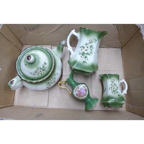 1171 - A London Cries dish, an Aynsley dish, a teapot, inner rim chipped, two jugs and a small vase**PLEASE... 