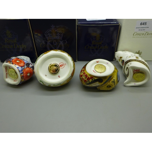 645 - Four Royal Crown Derby paperweights, Collectors Guild Exclusive Poppy Mouse, Country Mouse, Dormouse... 