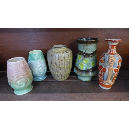 681 - A pair of Sylvac vases and three other vases, oriental vase a/f