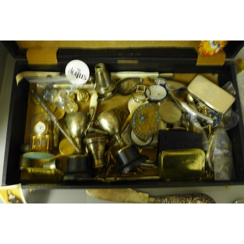 690 - A box of collectables including Wade Whimsies, thimbles, badges, etc.