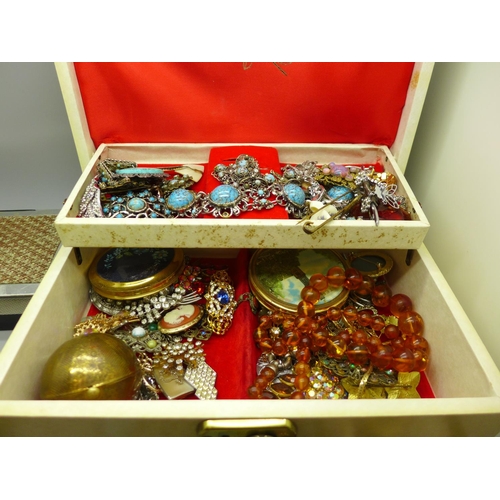 695 - A box of costume jewellery and two jewellery boxes