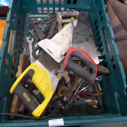 2005 - A Challenge cross saw and a box of tools including saws, spanners and wire brush