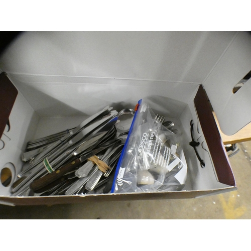 2103 - Box of cutlery, football, garden tools, bike pump and more