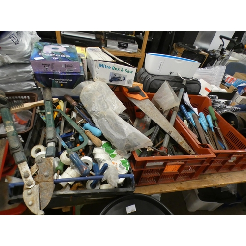 2107 - 3 trays of approx fifty various fillers, tub of misc hand tools, tub of misc large drills, pipe cutt... 