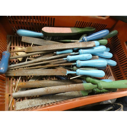 2107 - 3 trays of approx fifty various fillers, tub of misc hand tools, tub of misc large drills, pipe cutt... 