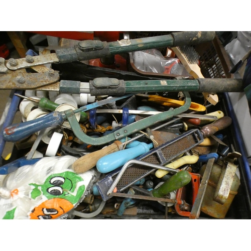 2107 - 3 trays of approx fifty various fillers, tub of misc hand tools, tub of misc large drills, pipe cutt... 