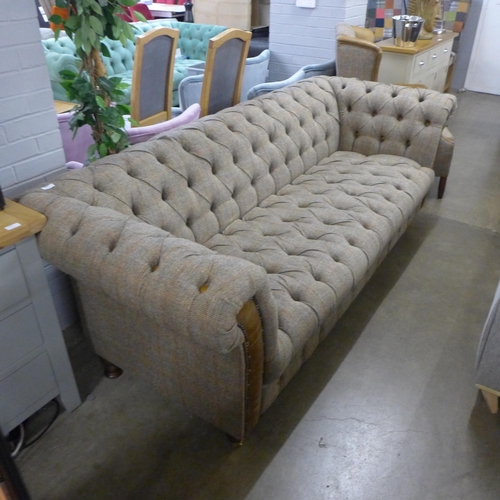 1462 - A Chesterfield Harris tweed and cerato leather three seater sofa