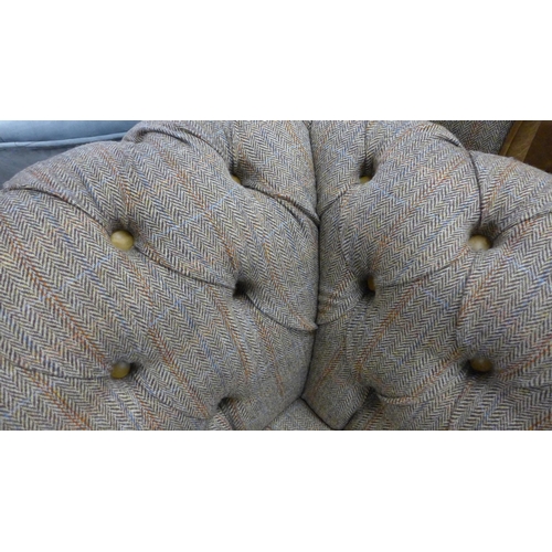 1462 - A Chesterfield Harris tweed and cerato leather three seater sofa