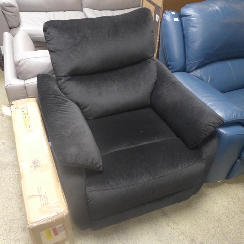 1730 - A black velvet upholstered two seater sofa and armchair, both manual recliners