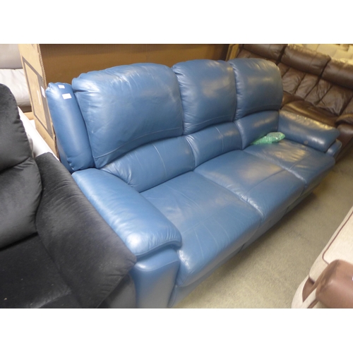 1733 - A blue leather effect three seater electric reclining sofa - damaged