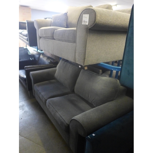 1743 - A grey upholstered two seater sofa and a slightly darker upholstered three seater sofa (missing some... 