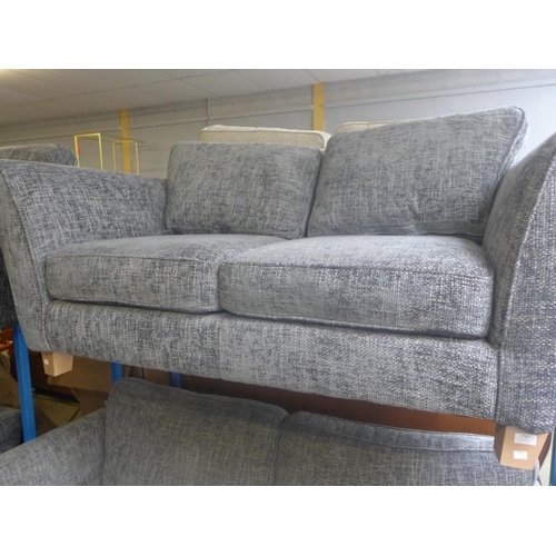 1751 - A grey textured weave two seater and three seater sofa (worn, damage to arm)