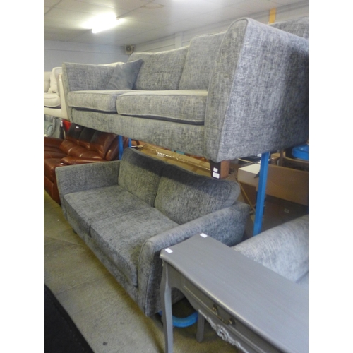 1752 - A grey textured weave two seater and three seater sofa (worn, damage to arm)